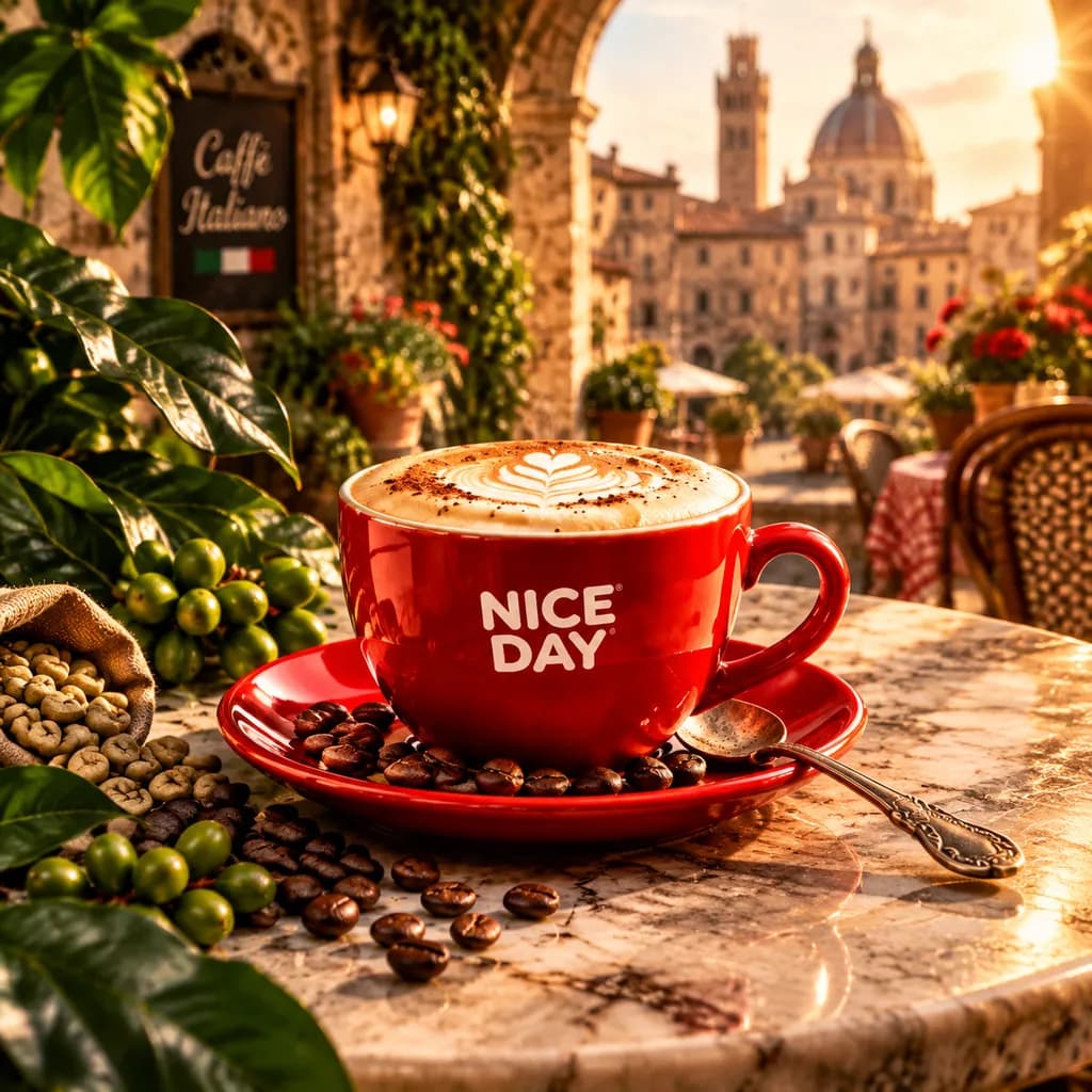 Nice Day cappuccino cup on a café table